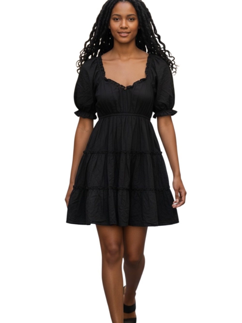 bailey blue Black Puff-Sleeve Tiered Mini Dress
